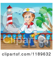Happy Sailor Boy Holding A Spyglass By A Cannon On A Boat Deck