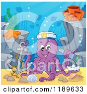 Poster, Art Print Of Happy Captain Octopus With An Anchor Paper Boat And Telescope Under The Sea