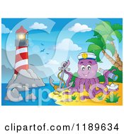 Cartoon Of A Happy Captain Octopus On An Island Near A Lighthouse Royalty Free Vector Clipart