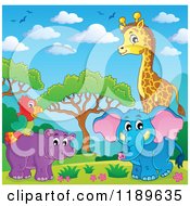 Poster, Art Print Of Cute African Hippo Giraffe Elephant And Parrot In A Landscape