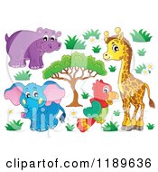 Cartoon Of A Cute African Hippo Giraffe Elephant And Parrot With Plants Royalty Free Vector Clipart