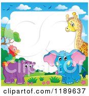 Poster, Art Print Of Cute African Hippo Giraffe Elephant And Parrot Border