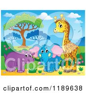 Cartoon Of A Cute African Hippo Giraffe And Elephant In A Landscape Royalty Free Vector Clipart