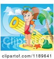 Poster, Art Print Of Happy Girl With An Inflatable Mattress And Snorkel Gear On A Beach