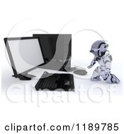 Clipart Of A 3d Robot Inserting A Software Cd Into A Desktop Computer Tower 2 Royalty Free CGI Illustration