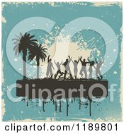 Poster, Art Print Of Silhouetted Beach Party Dancers Palm Trees With Grunge On Blue