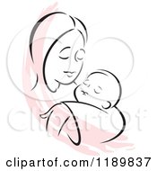 Poster, Art Print Of Black And White Sketch Of A Loving Mother Holding A Baby With A Pink Accent