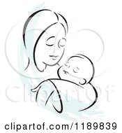 Poster, Art Print Of Black And White Sketch Of A Loving Mother Holding A Baby With A Blue Accent