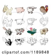 Cartoon Of A Goat Pig Sheep Turkey Rabbit Cow Rooster And Ram In Color And Black And White Royalty Free Vector Clipart