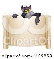 Cartoon Of A Happy Black Cat Pointing Down Over A Scroll Sign Royalty Free Vector Clipart