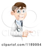 Cartoon Of A Happy Brunette Male Doctor Pointing To A Sign Royalty Free Vector Clipart
