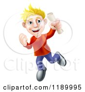 Cartoon Of A Happy Young Blond Man Jumping With A Scroll In Hand Royalty Free Vector Clipart