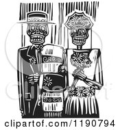 Poster, Art Print Of Happy Skeleton Wedding Couple Standing Arm In Arm Black And White Woodcut