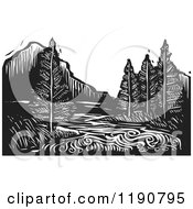 Clipart Of A River Mountain And Evergreen Landscape Black And White Woodcut Royalty Free Vector Illustration by xunantunich #COLLC1190795-0119