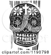Poster, Art Print Of Death Skull With Flowers And A Cross Black And White Woodcut