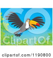 Poster, Art Print Of Happy Toucan Flying Over Branches