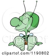 Cartoon Of A Happy Green Bug Sitting With His Eyes Closed Royalty Free Vector Clipart