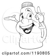 Happy Outlined Bottle Mascot Presenting And Pointing Up