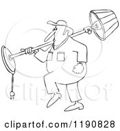 Cartoon Of An Outlined Mover Man Carrying A Lamp Over His Shoulder Royalty Free Vector Clipart