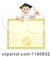 Poster, Art Print Of Happy Blond Graduate Man Holding A Scroll And Pointing Down At A Certificate