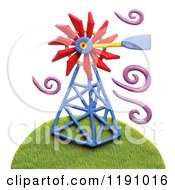 Clipart Of A Windmill On A Hill With Purple Breeze Swirls On White Royalty Free Illustration