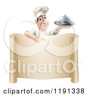 Cartoon Of A Male Chef Holding A Platter And Pointing Down At A Scroll Menu Royalty Free Vector Clipart