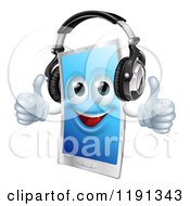 Happy Touch Screen Cell Phone Mascot Wearing Headphones And Holding Two Thumbs Up