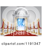 Clipart Of A Red Carpet And Ropes Leading To An Ornate Doorway With Open Doors And Bright Lights Royalty Free Vector Illustration