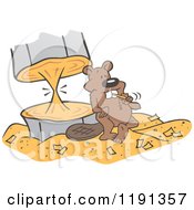Cartoon Of A Beaver Almost Finished Chewing Through A Tree Royalty Free Vector Clipart by Johnny Sajem