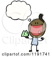 Cartoon Of A Stick Girl With Money Thinking Royalty Free Vector Illustration
