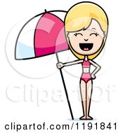 Cartoon Of A Woman In A Swimsuit Holding A Beach Umbrella Royalty Free Vector Clipart