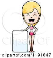 Cartoon Of A Happy Woman In A Swimsuit Standing By A Sign Royalty Free Vector Clipart by Cory Thoman