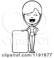 Cartoon Of A Black And White Happy Woman In A Swimsuit Standing By A Sign Royalty Free Vector Clipart by Cory Thoman