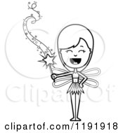 Cartoon Of A Black And White Happy Fairy Holding A Magic Wand Royalty Free Vector Clipart