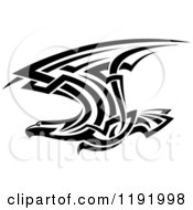 Clipart Of A Black And White Flying Tribal Eagle Falcon Or Hawk 2 Royalty Free Vector Illustration