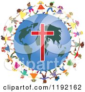 Poster, Art Print Of Diverse Christian Kids Holding Hands Around A Globe With A Cross