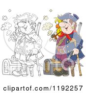 Cartoon Of A Colored And Outlined Happy Peg Legged Pirate With A Parrot Smoking A Pipe By A Treasure Chest Royalty Free Vector Clipart