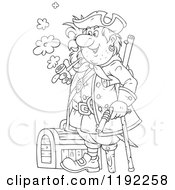 Cartoon Of An Outlined Happy Peg Legged Pirate With A Parrot Smoking A Pipe By A Treasure Chest Royalty Free Vector Clipart