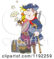 Poster, Art Print Of Happy Peg Legged Pirate With A Parrot Smoking A Pipe By A Treasure Chest
