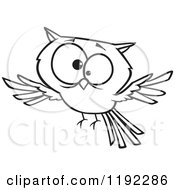 Cartoon Black And White Line Art Of A Cross Eyed Owl Flying Royalty Free Vector Clipart by toonaday