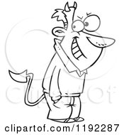 Cartoon Black And White Line Art Of A Grinning Con Man With Devil Horns And A Tail Royalty Free Vector Clipart