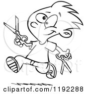Poster, Art Print Of Black And White Line Art Of A Happy Boy Dangerously Running With Scissors