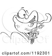 Cartoon Black And White Line Art Of A Happy Frog Sticking His Tongue Out And Jumping On A Pogo Stick Royalty Free Vector Clipart by toonaday