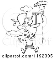 Cartoon Black And White Line Art Of A Woman Hanging Out On A Limb Of A Cliff Royalty Free Vector Clipart