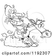 Cartoon Black And White Line Art Of A Cowboy Hitting The Horse Brakes Royalty Free Vector Clipart