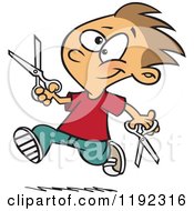 Cartoon Of A Happy Boy Dangerously Running With Scissors Royalty Free Vector Clipart
