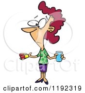 Cartoon Of A Woman Holding Pill Capsules And Water Royalty Free Vector Clipart