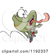 Cartoon Of A Happy Frog Sticking His Tongue Out And Jumping On A Pogo Stick Royalty Free Vector Clipart by toonaday