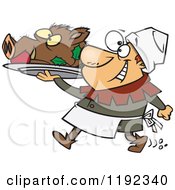 Happy Castle Cook Chef Carrying A Pig Head On A Platter Cartoon