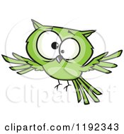 Poster, Art Print Of Cross Eyed Green Owl Flying Cartoon